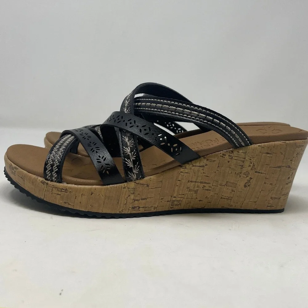 Skechers Cali Womens 9 Black Luxe Foam Wedge Sandals 31714 Strappy Cork Heel